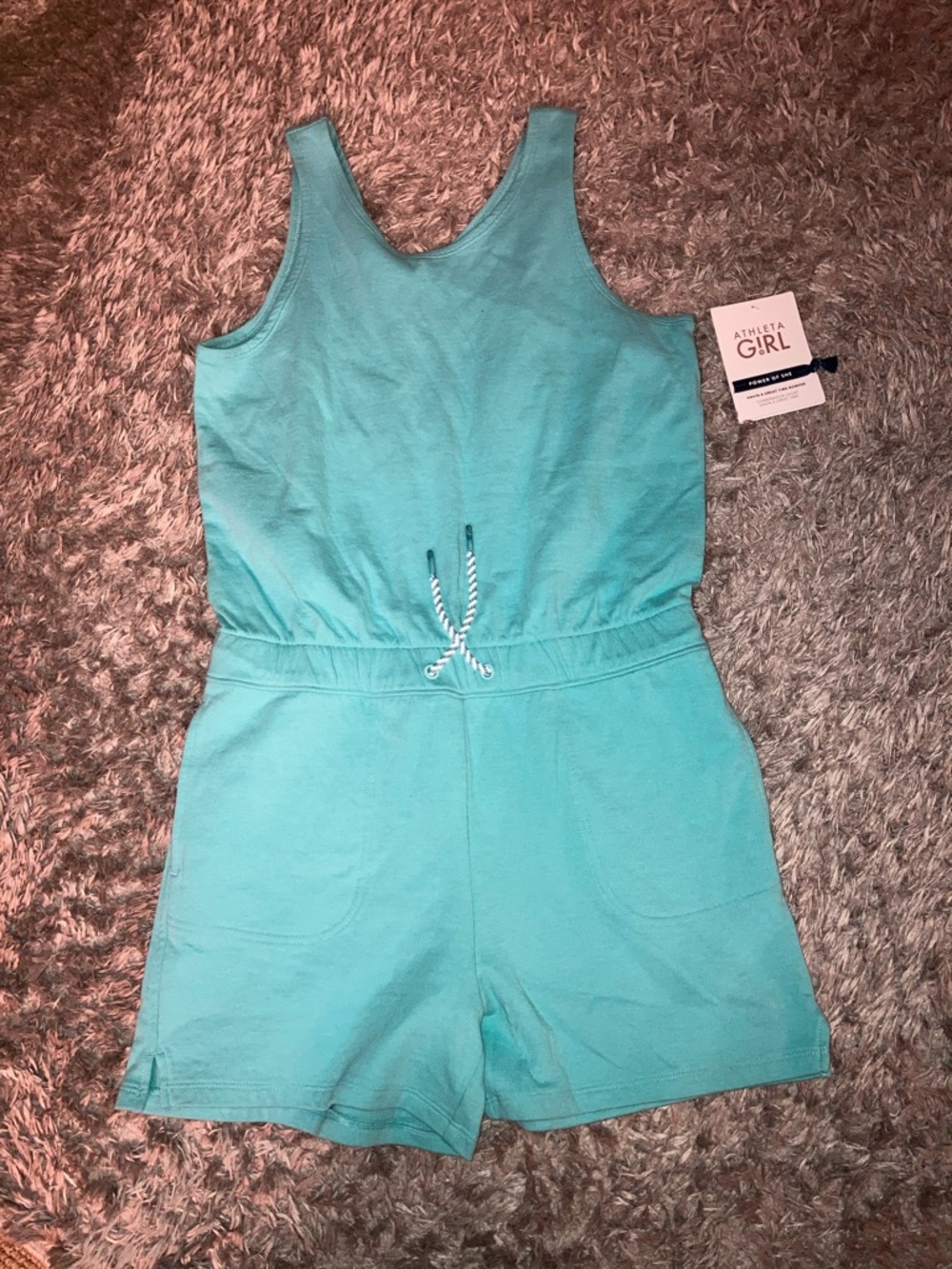 Athleta Girls Teal Drawstring Knit Romper havin a great time XXL 16 one piece